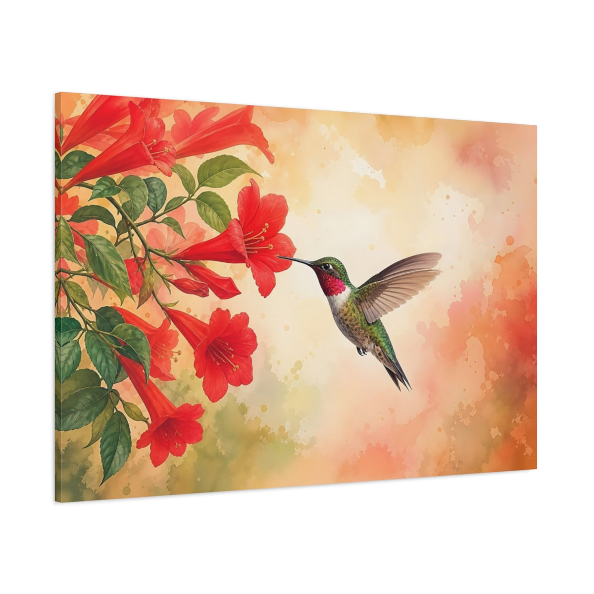 Side Mockup 1. Nature Hummingbird Hummingbird Red Flowers shown as stretched canvas wall art