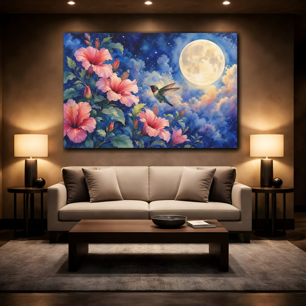 Mockup 2. Nature Hummingbird, Hibiscus Pink And Blue shown as stretched canvas wall art