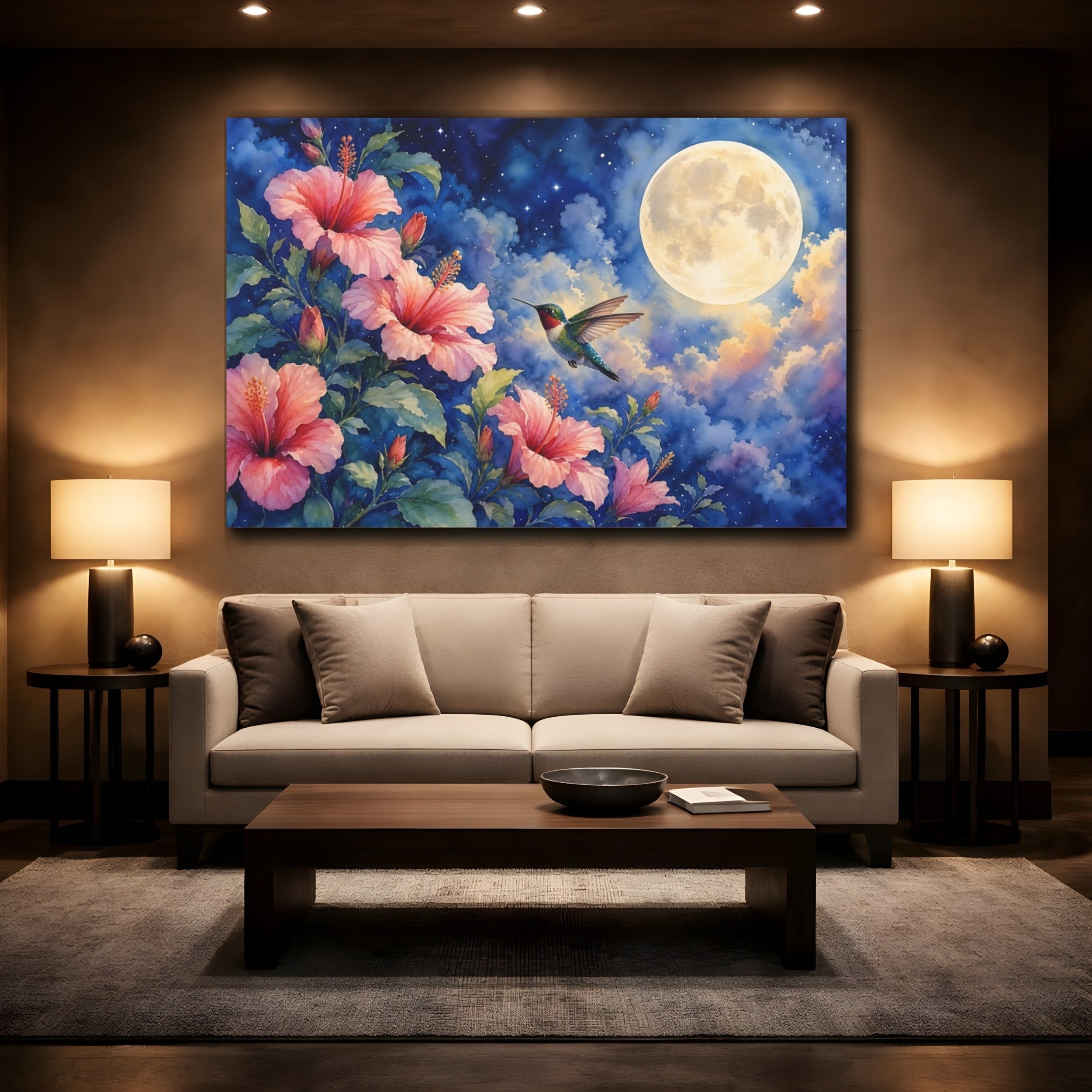 Mockup 2. Nature Hummingbird, Hibiscus Pink And Blue shown as stretched canvas wall art