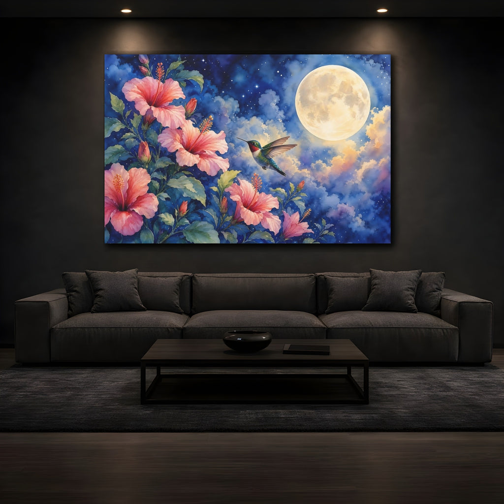 Mockup 3. Nature Hummingbird, Hibiscus Pink And Blue shown as stretched canvas wall art