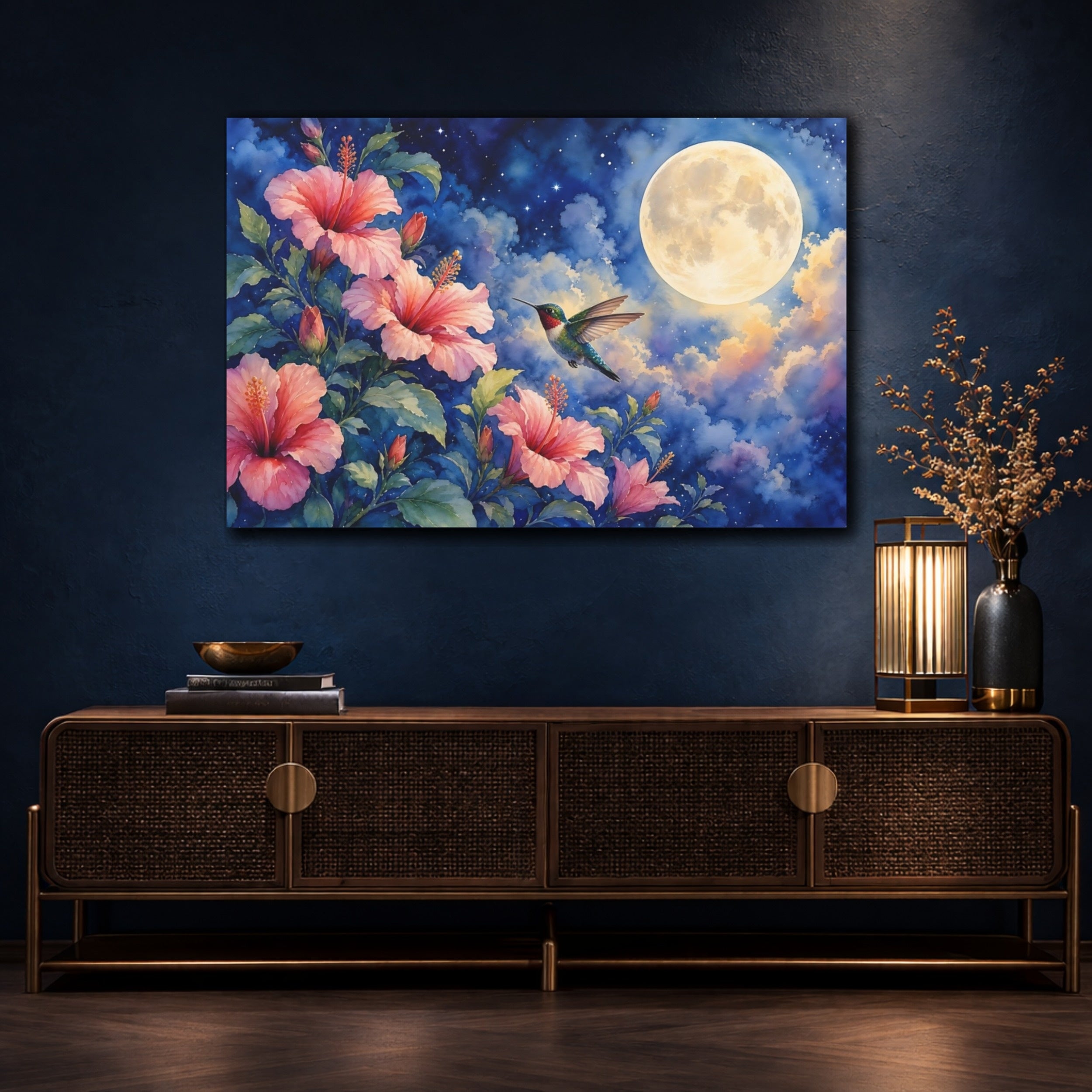 Mockup 4. Nature Hummingbird, Hibiscus Pink And Blue shown as stretched canvas wall art