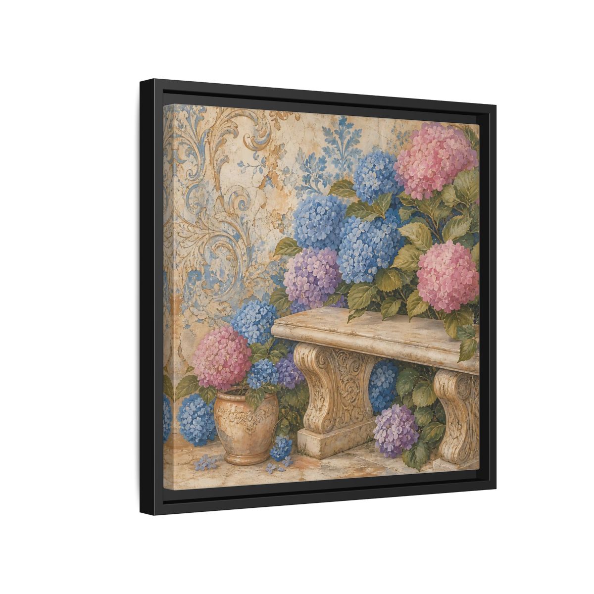 Side Mockup 15. Nature Hydrangeas Pink Blue Hydrangeas shown as stretched canvas wall art