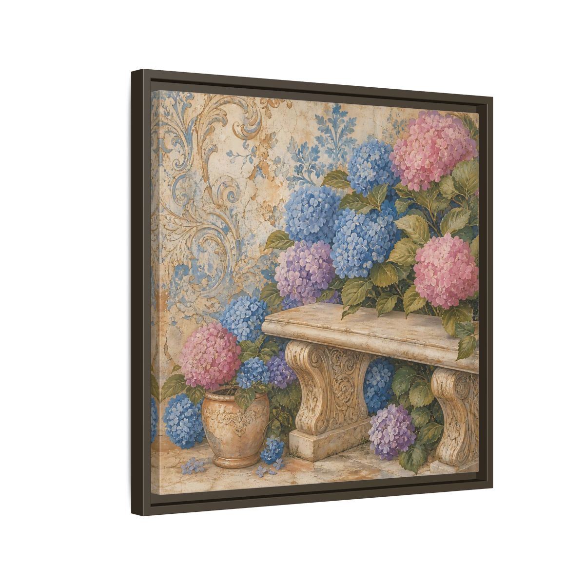 Side Mockup 11. Nature Hydrangeas Pink Blue Hydrangeas shown as stretched canvas wall art