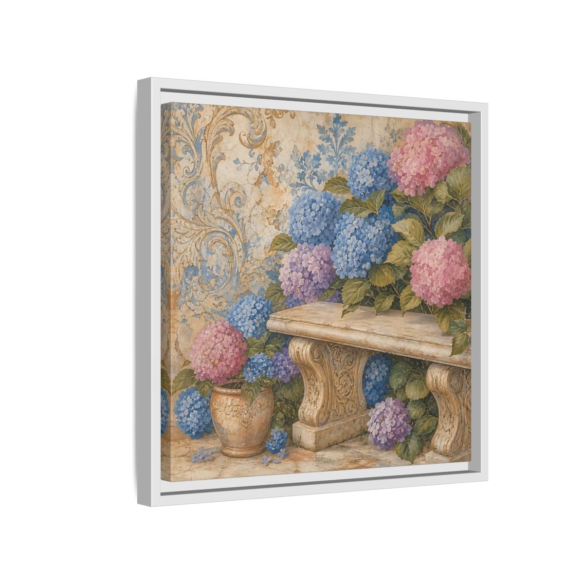 Side Mockup 13. Nature Hydrangeas Pink Blue Hydrangeas shown as stretched canvas wall art