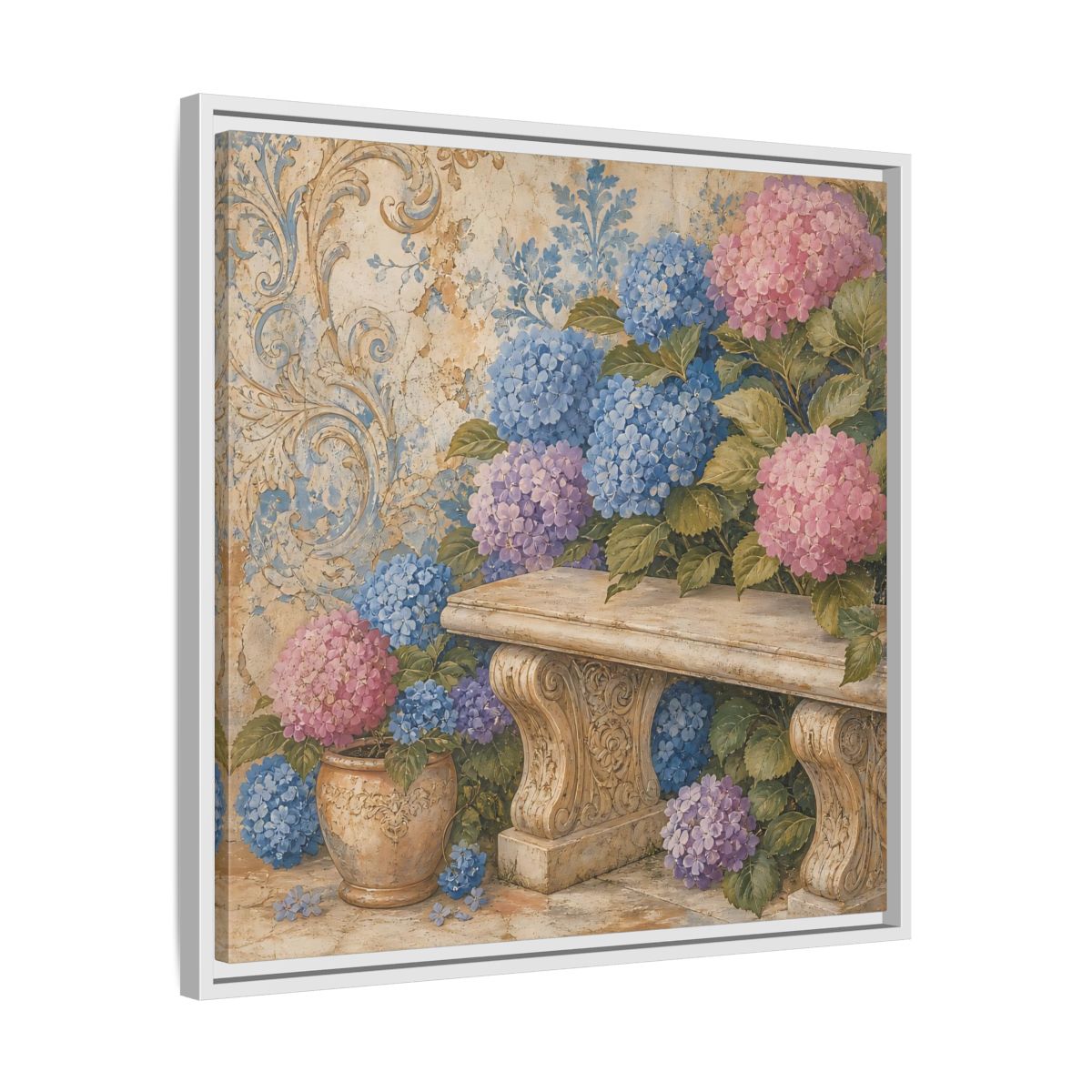 Side Mockup 26. Nature Hydrangeas Pink Blue Hydrangeas shown as stretched canvas wall art