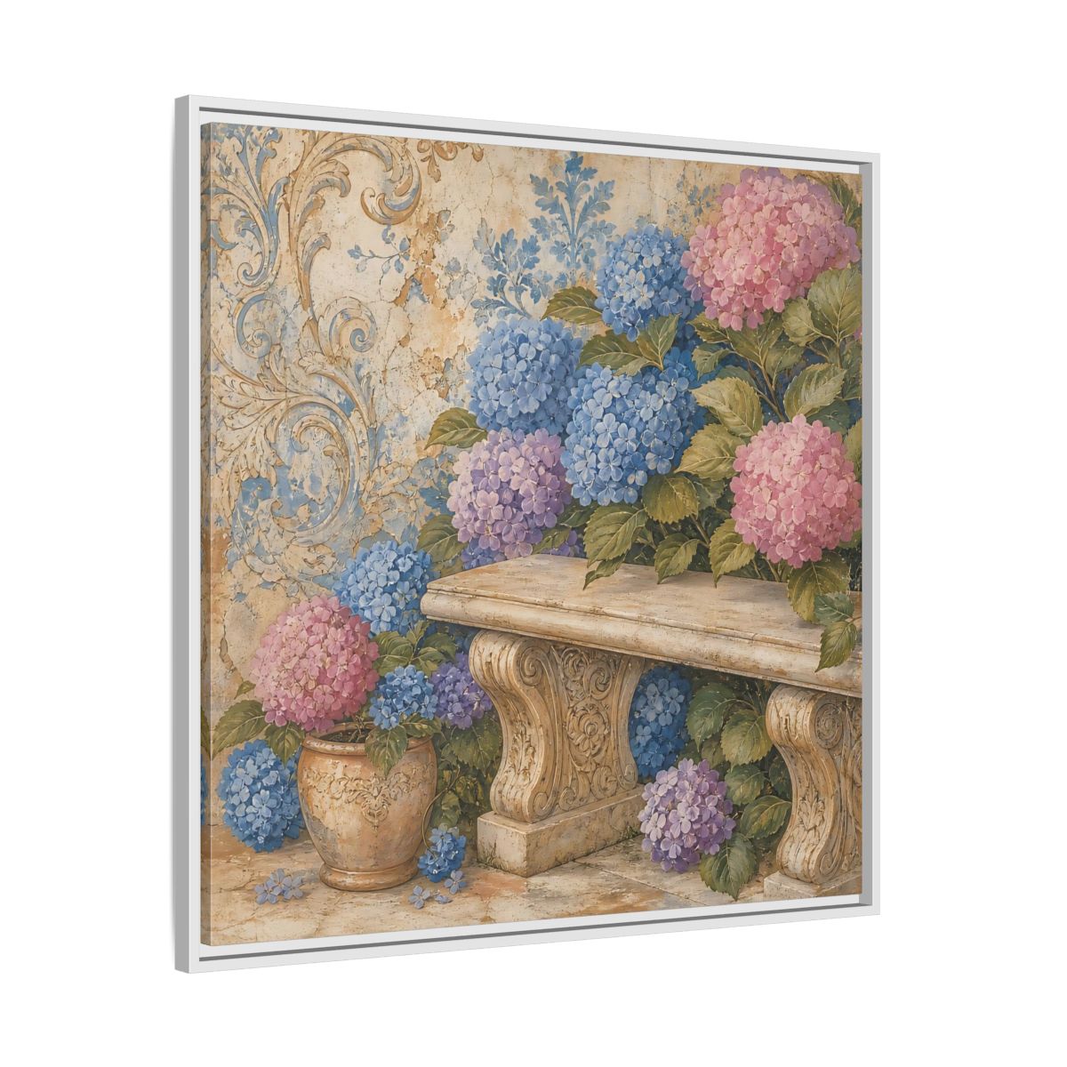Side Mockup 25. Nature Hydrangeas Pink Blue Hydrangeas shown as stretched canvas wall art
