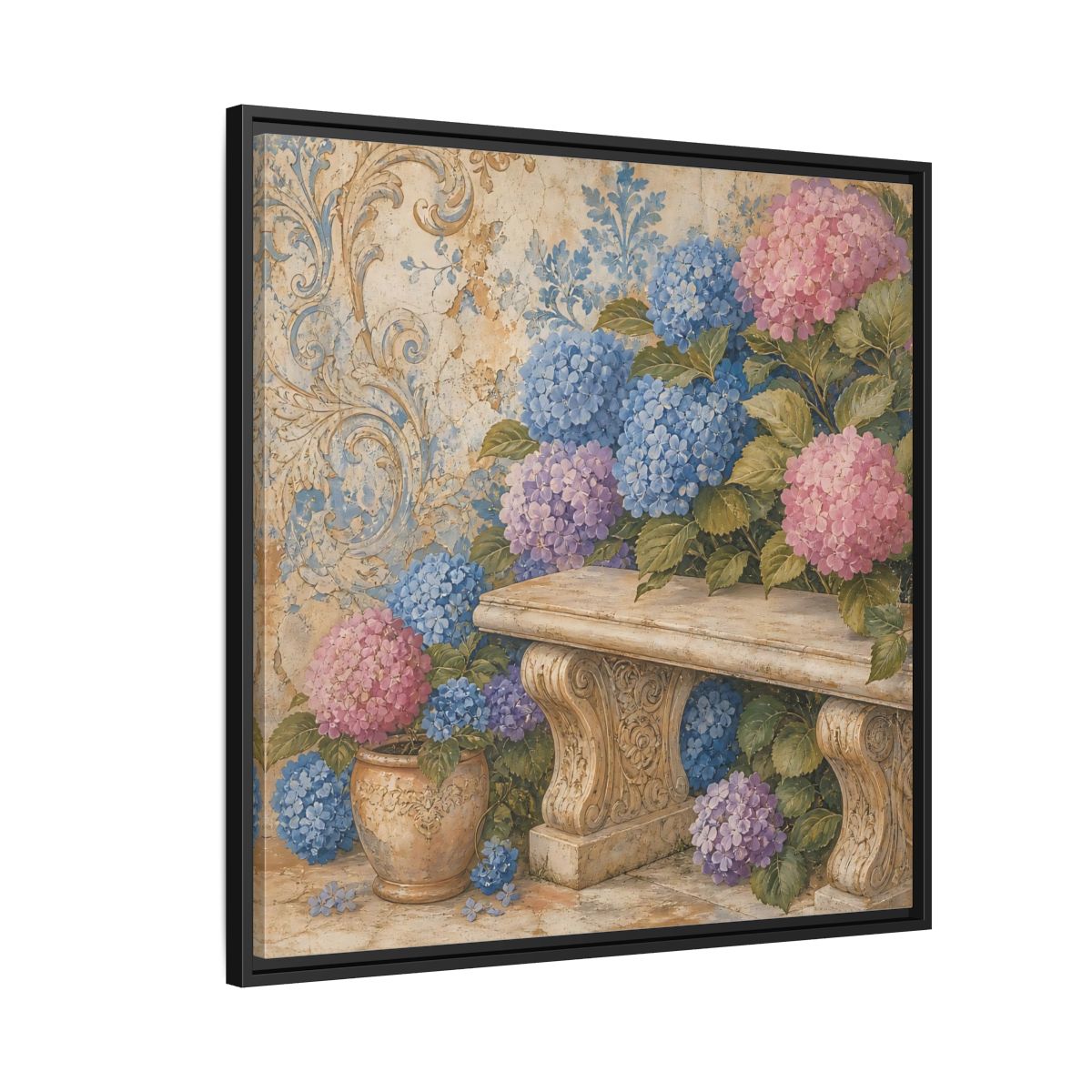 Side Mockup 9. Nature Hydrangeas Pink Blue Hydrangeas shown as stretched canvas wall art