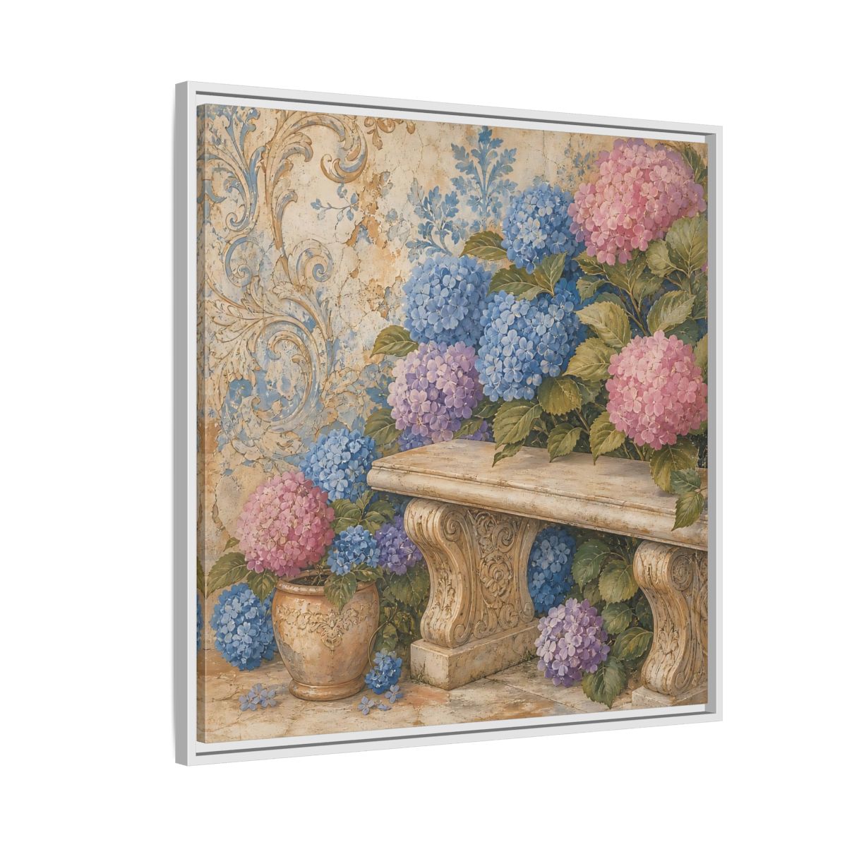 Side Mockup 7. Nature Hydrangeas Pink Blue Hydrangeas shown as stretched canvas wall art