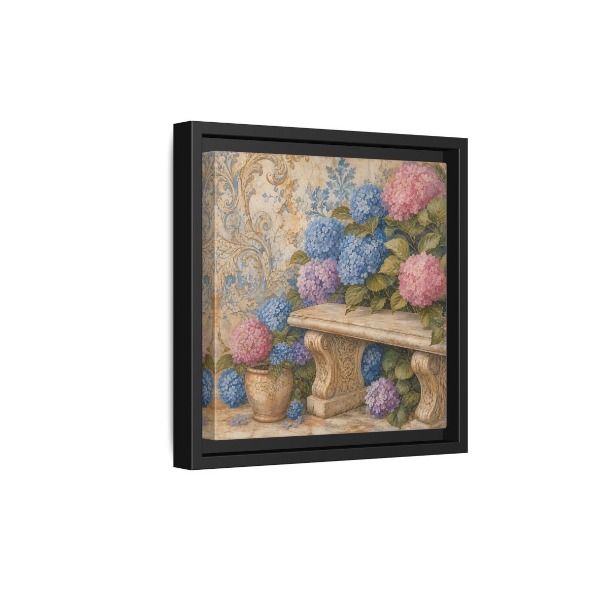 Side Mockup 21. Nature Hydrangeas Pink Blue Hydrangeas shown as stretched canvas wall art