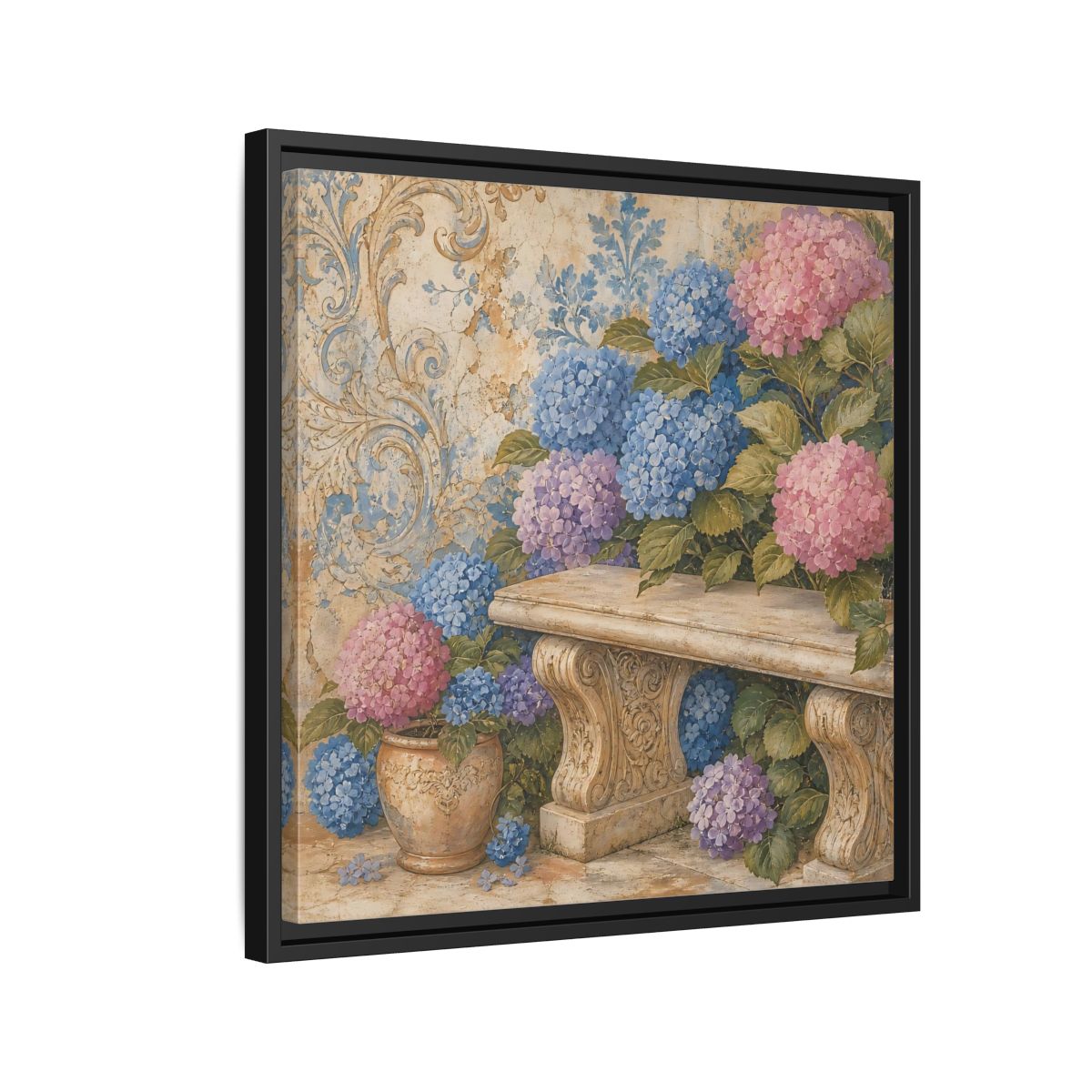 Side Mockup 12. Nature Hydrangeas Pink Blue Hydrangeas shown as stretched canvas wall art