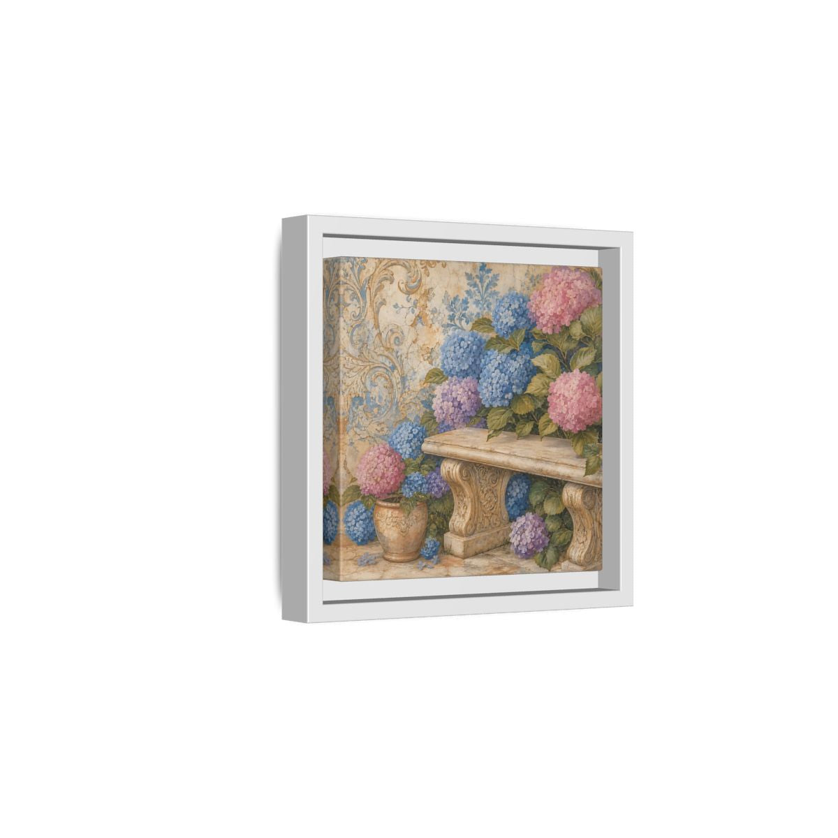 Side Mockup 1. Nature Hydrangeas Pink Blue Hydrangeas shown as stretched canvas wall art