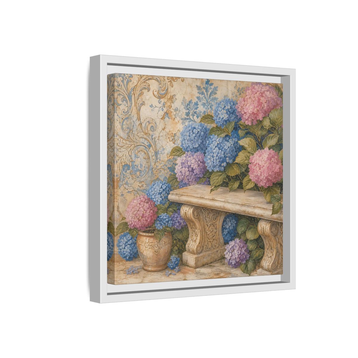 Side Mockup 16. Nature Hydrangeas Pink Blue Hydrangeas shown as stretched canvas wall art