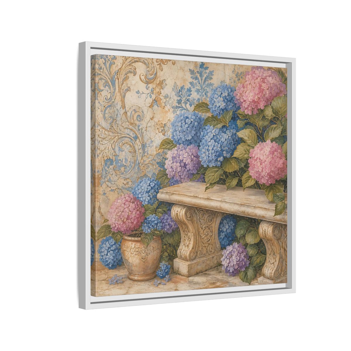 Side Mockup 10. Nature Hydrangeas Pink Blue Hydrangeas shown as stretched canvas wall art
