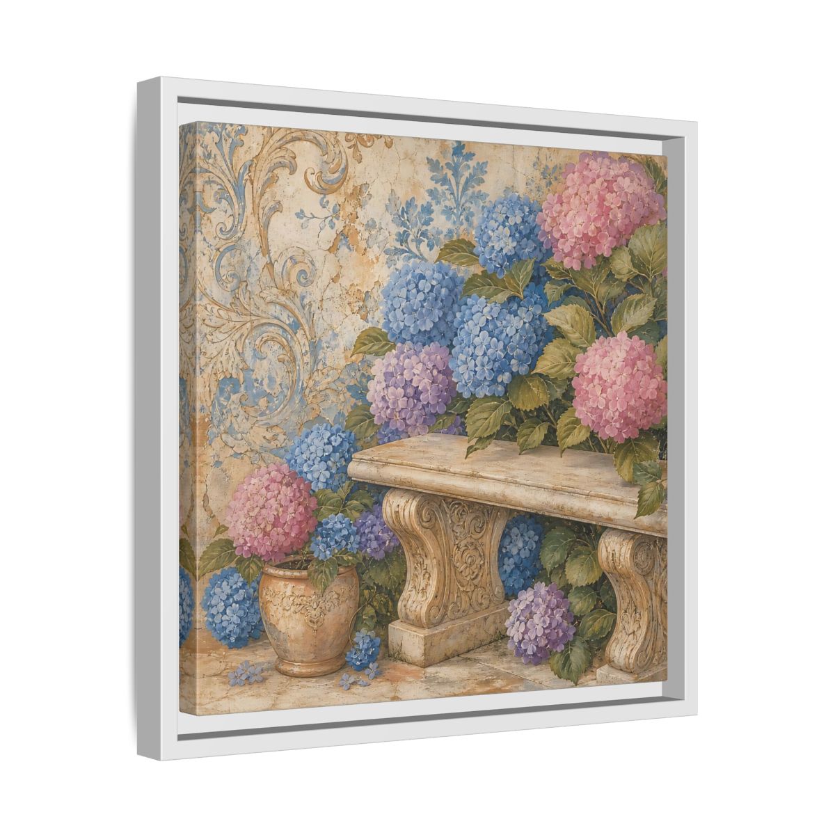Side Mockup 28. Nature Hydrangeas Pink Blue Hydrangeas shown as stretched canvas wall art
