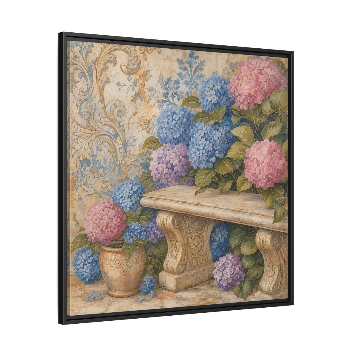 Side Mockup 30. Nature Hydrangeas Pink Blue Hydrangeas shown as stretched canvas wall art