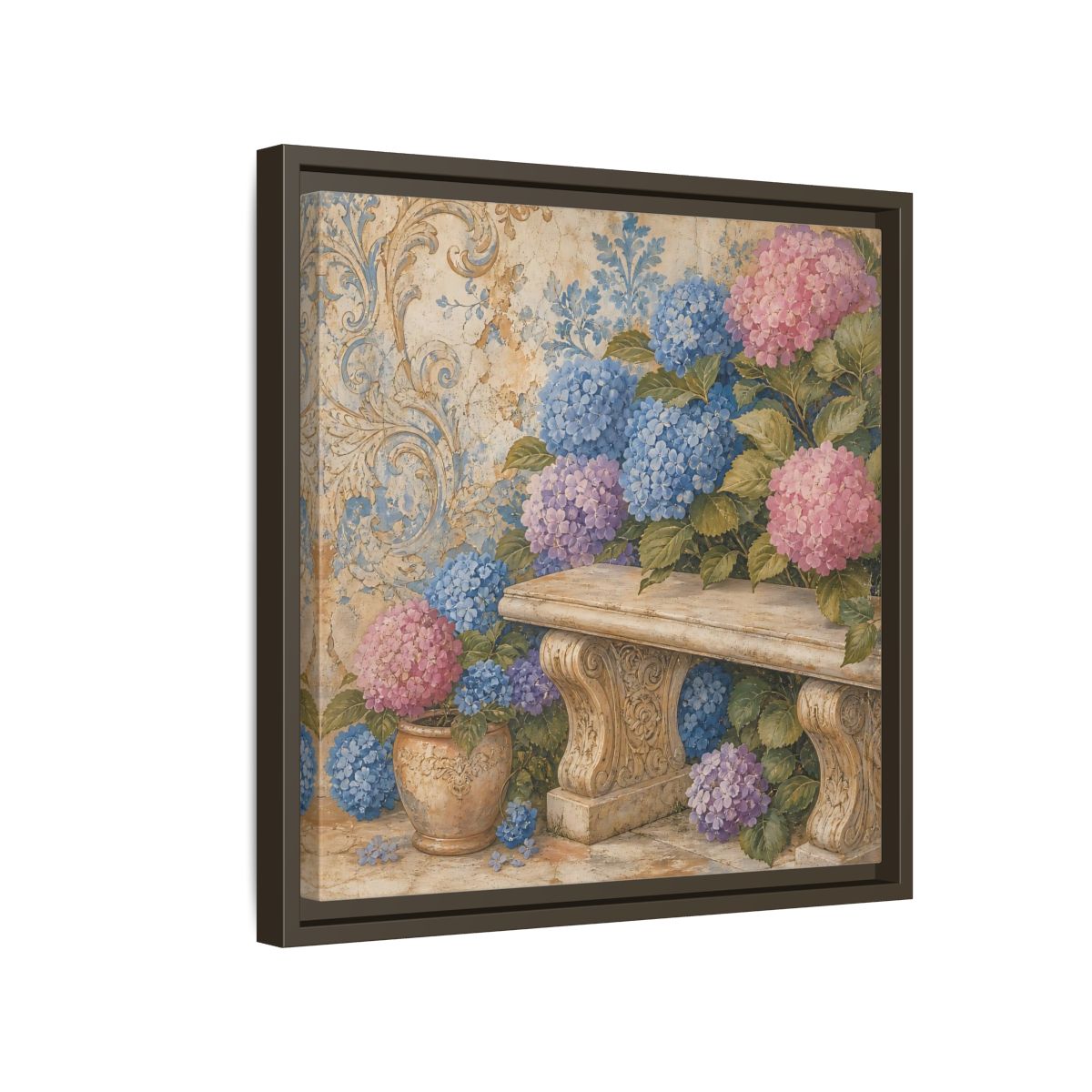 Side Mockup 14. Nature Hydrangeas Pink Blue Hydrangeas shown as stretched canvas wall art