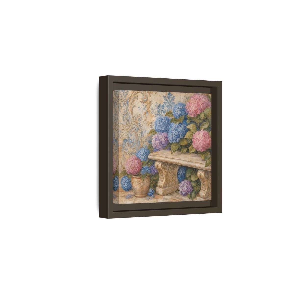 Side Mockup 2. Nature Hydrangeas Pink Blue Hydrangeas shown as stretched canvas wall art