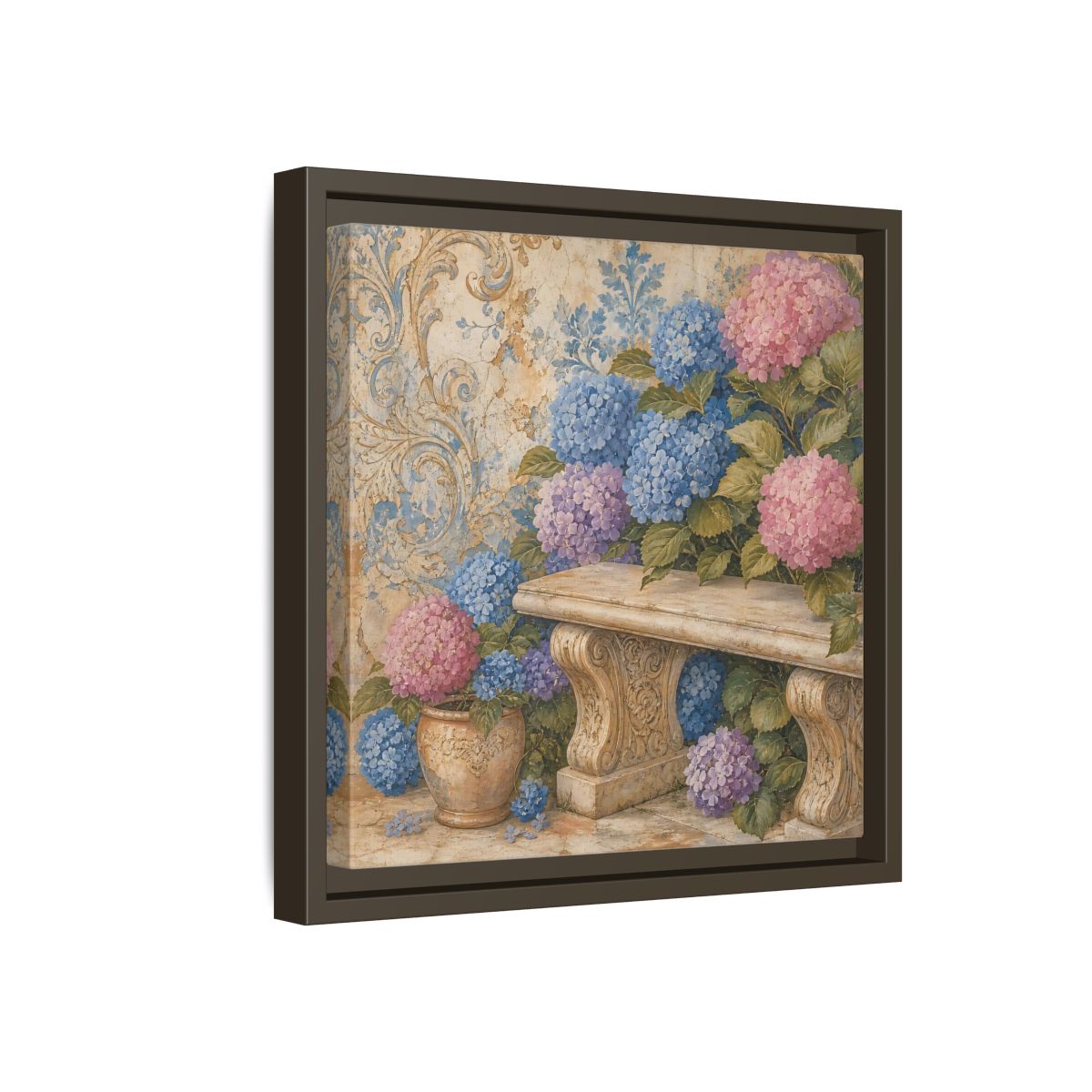 Side Mockup 17. Nature Hydrangeas Pink Blue Hydrangeas shown as stretched canvas wall art