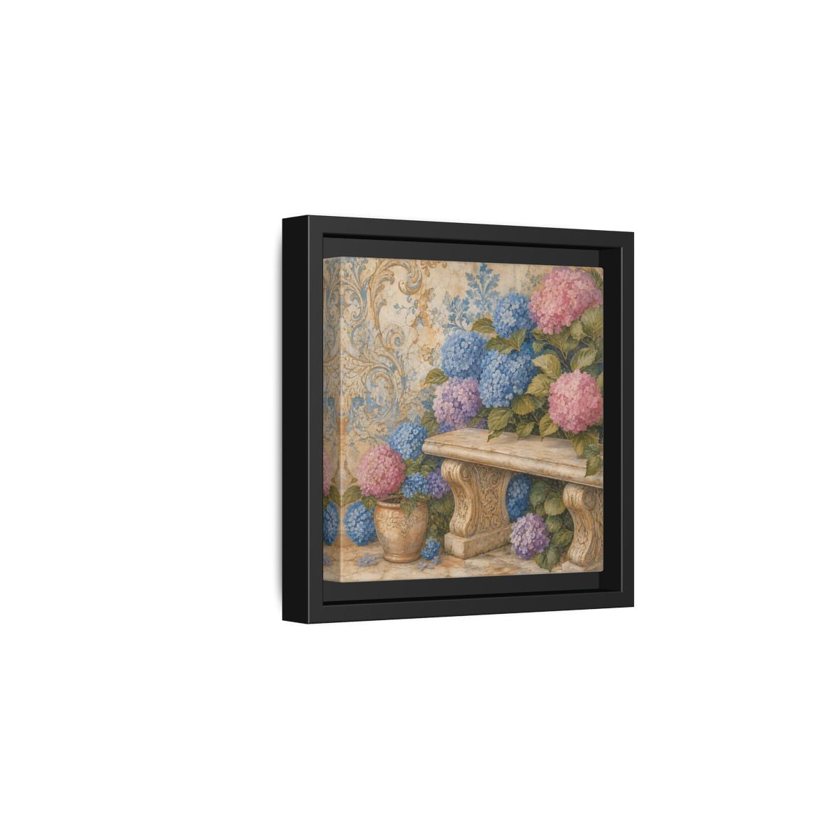 Side Mockup 3. Nature Hydrangeas Pink Blue Hydrangeas shown as stretched canvas wall art