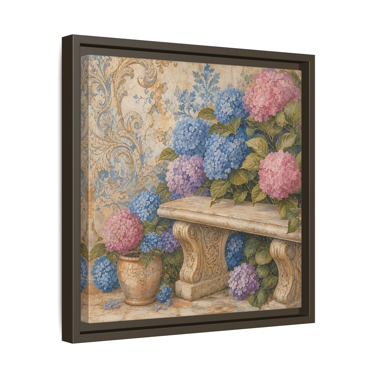 Side Mockup 29. Nature Hydrangeas Pink Blue Hydrangeas shown as stretched canvas wall art