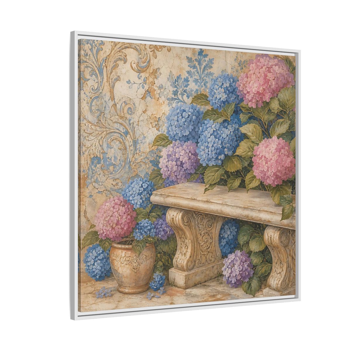 Side Mockup 4. Nature Hydrangeas Pink Blue Hydrangeas shown as stretched canvas wall art