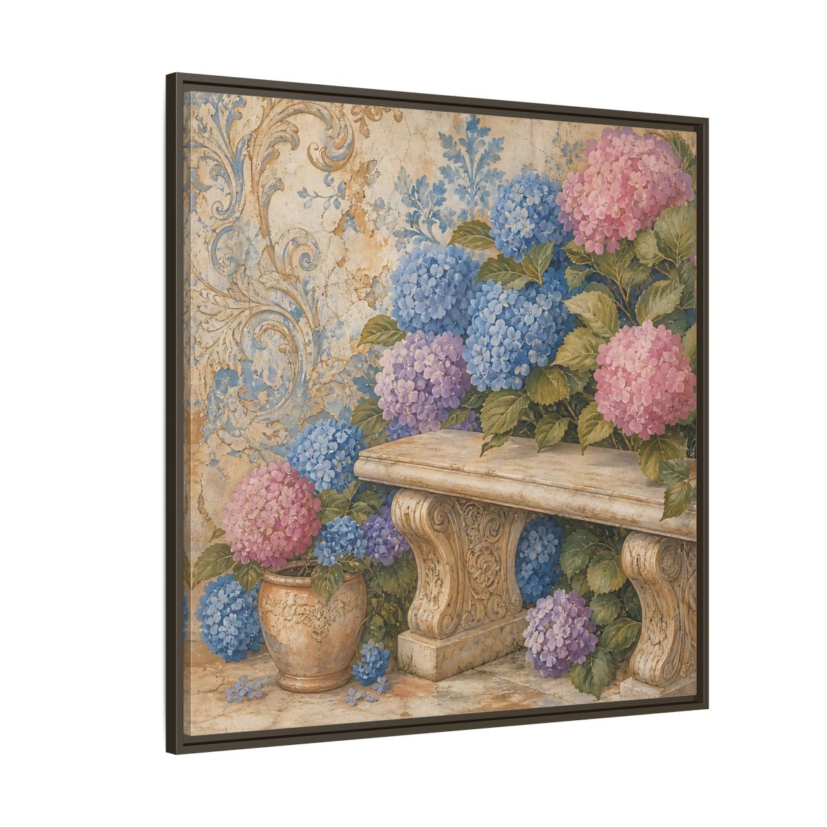 Side Mockup 5. Nature Hydrangeas Pink Blue Hydrangeas shown as stretched canvas wall art