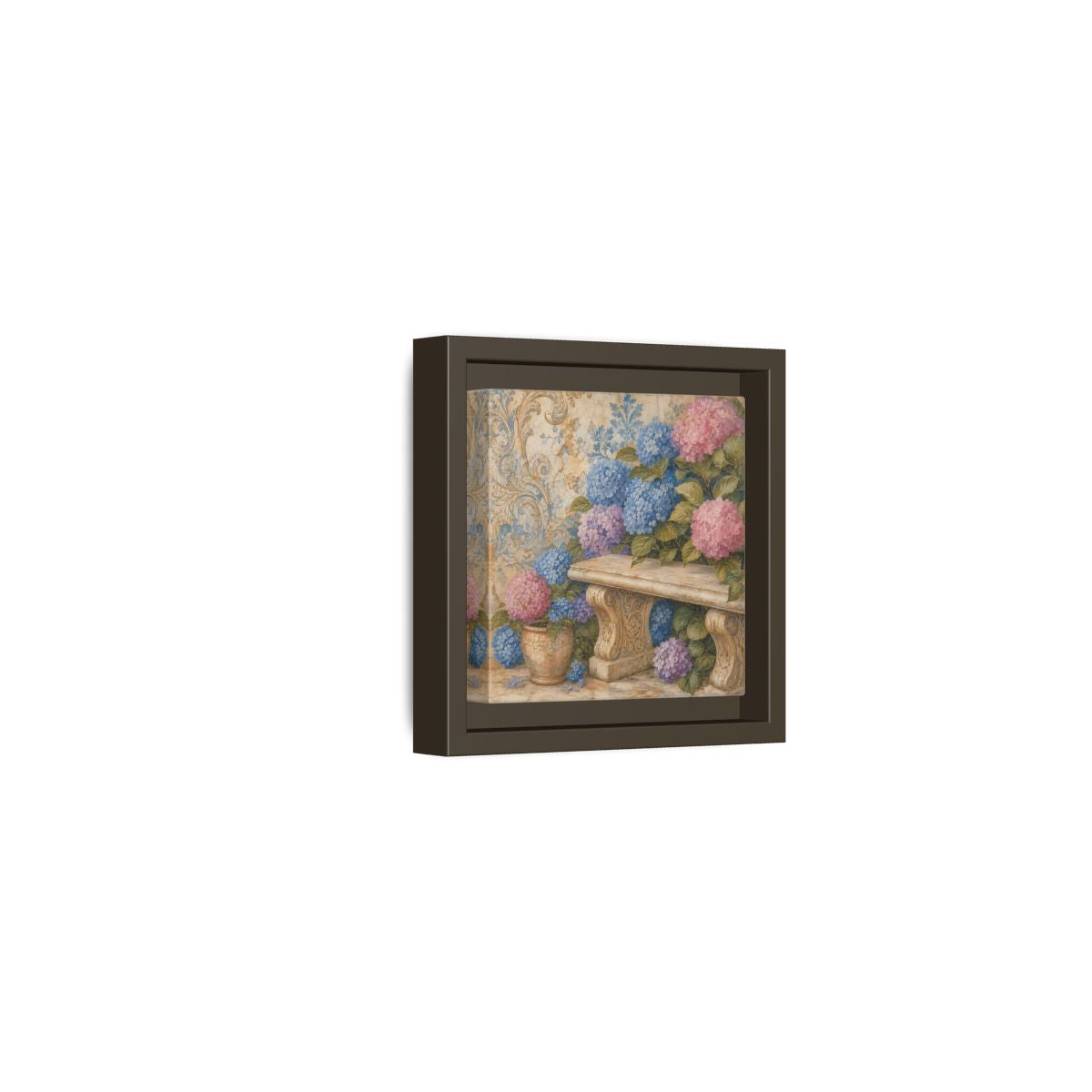 Side Mockup 23. Nature Hydrangeas Pink Blue Hydrangeas shown as stretched canvas wall art