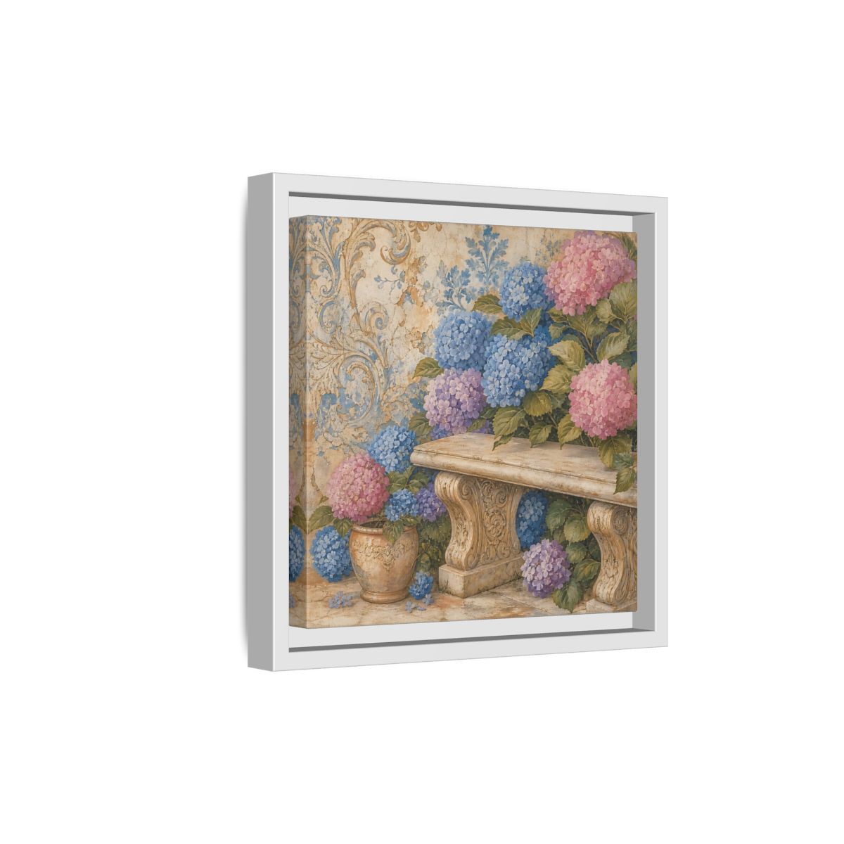 Side Mockup 19. Nature Hydrangeas Pink Blue Hydrangeas shown as stretched canvas wall art