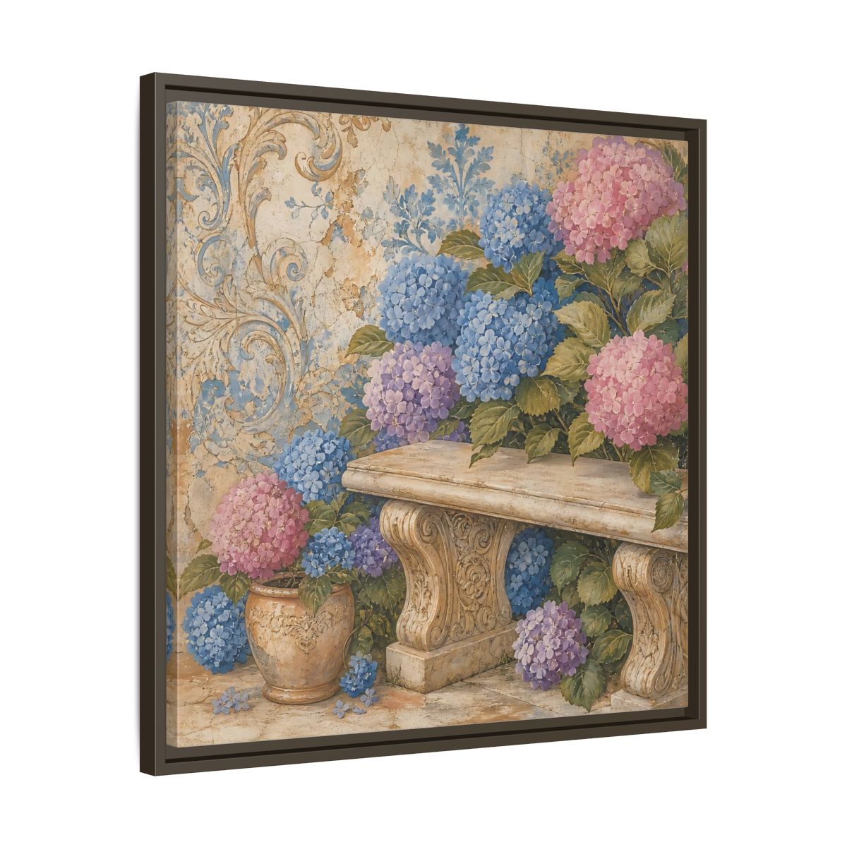 Side Mockup 27. Nature Hydrangeas Pink Blue Hydrangeas shown as stretched canvas wall art