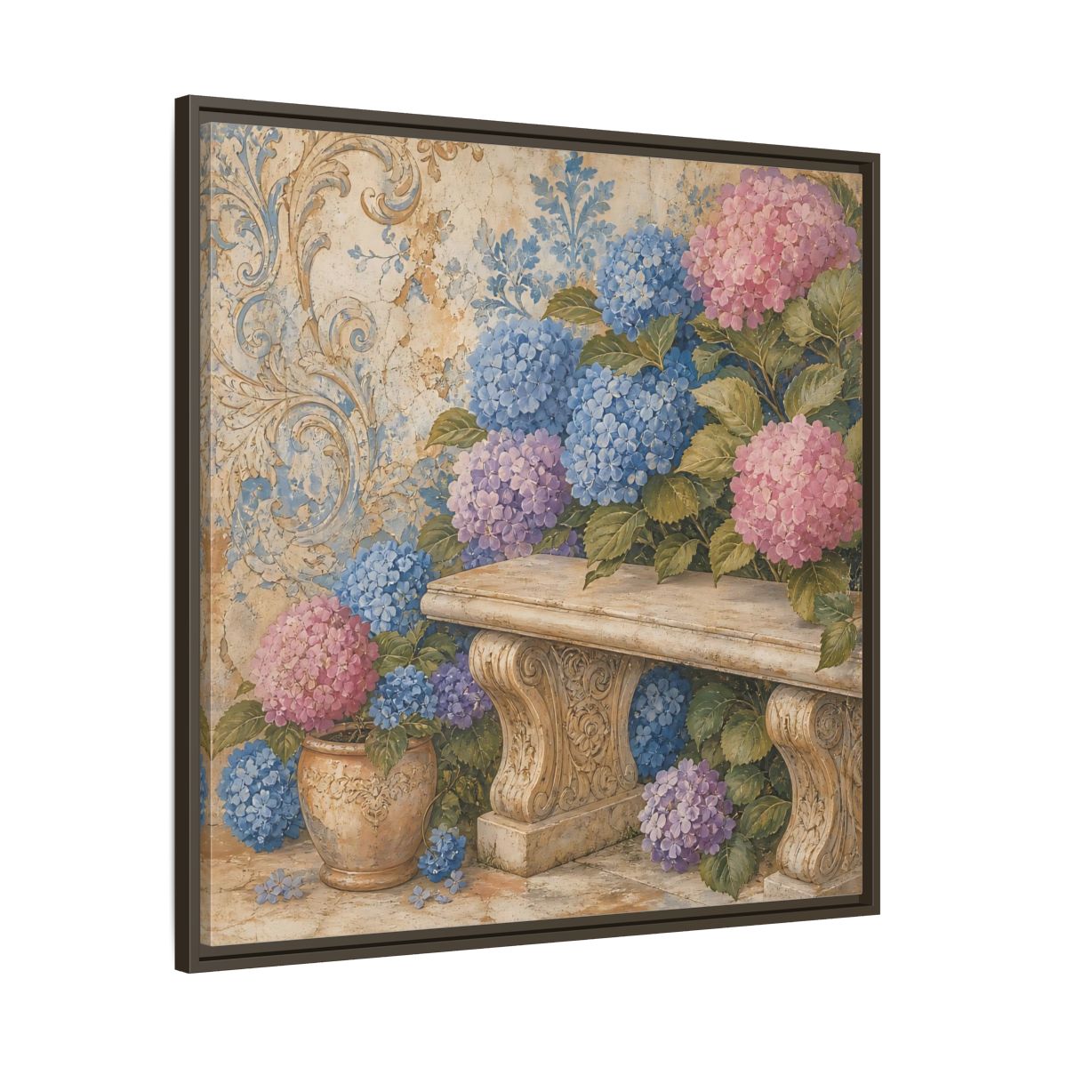 Main Mockup. Nature Hydrangeas Pink Blue Hydrangeas shown as stretched canvas wall art