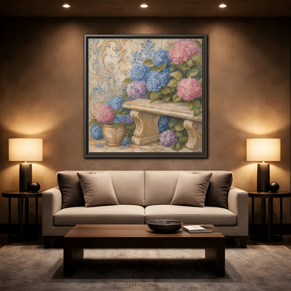 Mockup 2. Nature Hydrangeas Pink Blue Hydrangeas shown as stretched canvas wall art