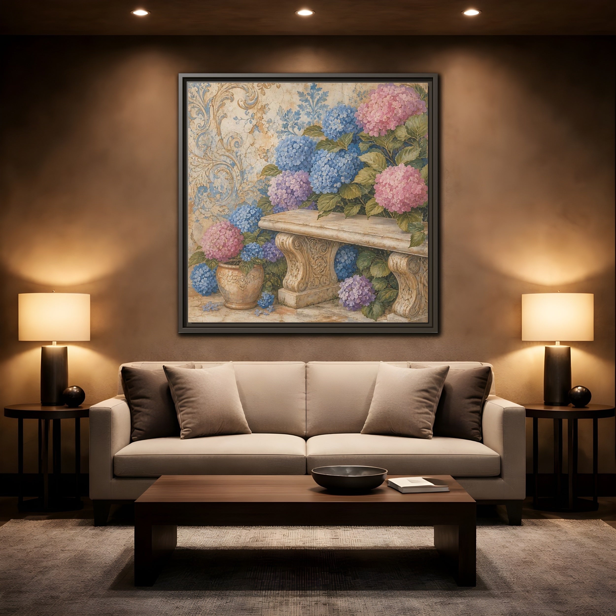 Mockup 2. Nature Hydrangeas Pink Blue Hydrangeas shown as stretched canvas wall art