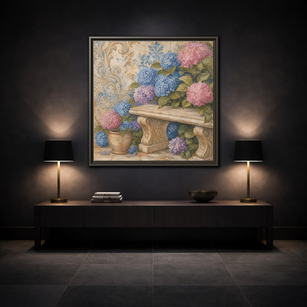 Mockup 3. Nature Hydrangeas Pink Blue Hydrangeas shown as stretched canvas wall art