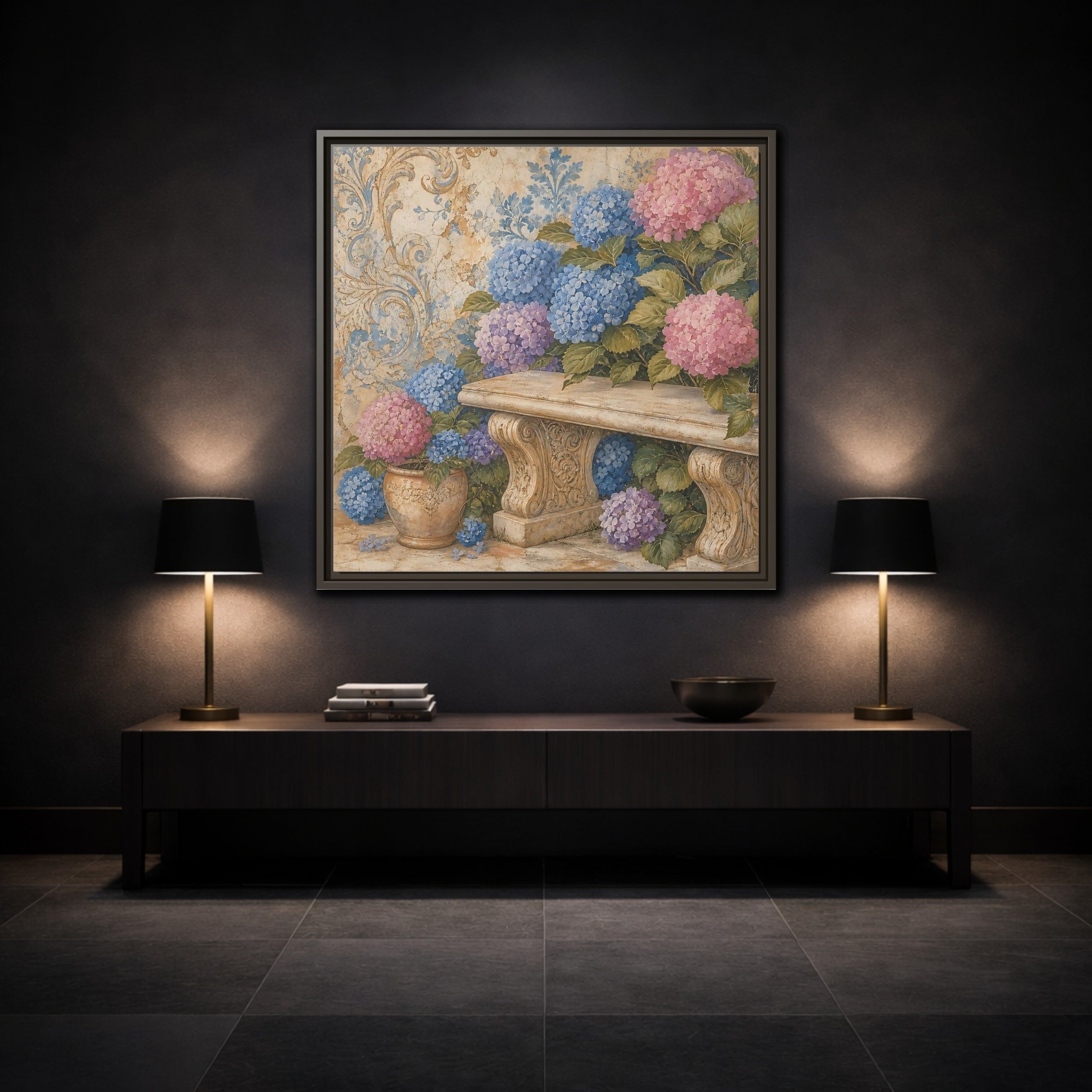 Mockup 3. Nature Hydrangeas Pink Blue Hydrangeas shown as stretched canvas wall art