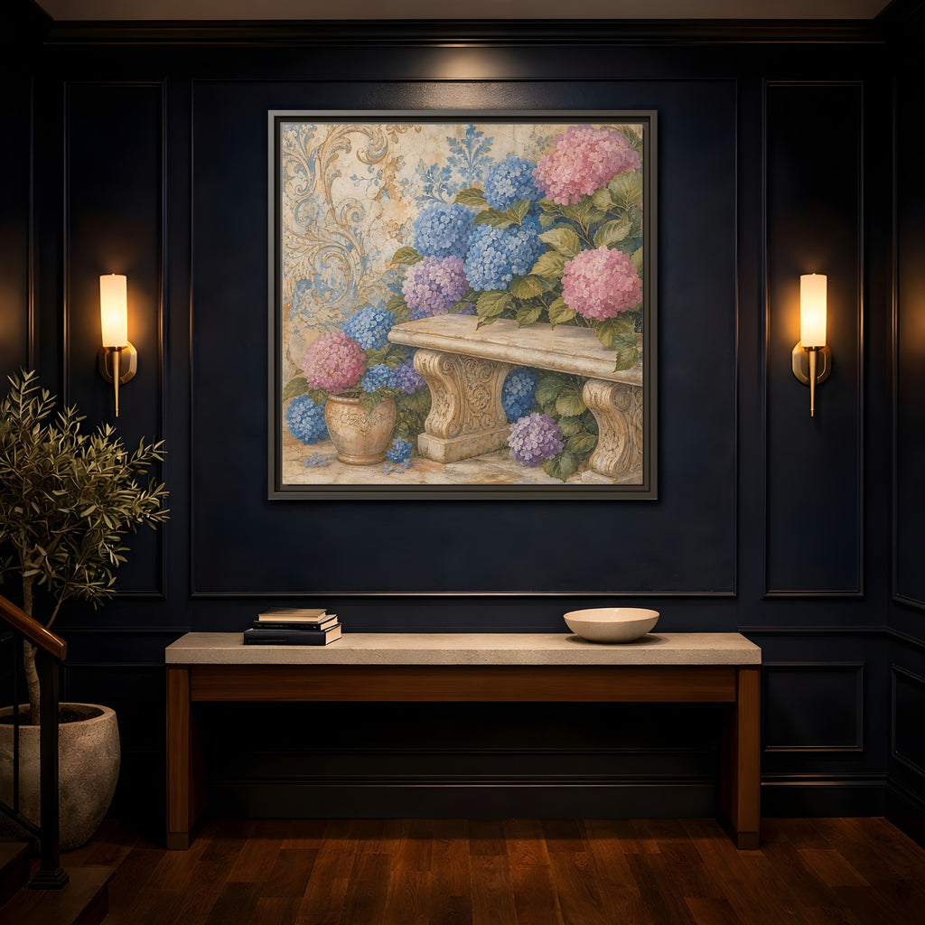 Mockup 4. Nature Hydrangeas Pink Blue Hydrangeas shown as stretched canvas wall art