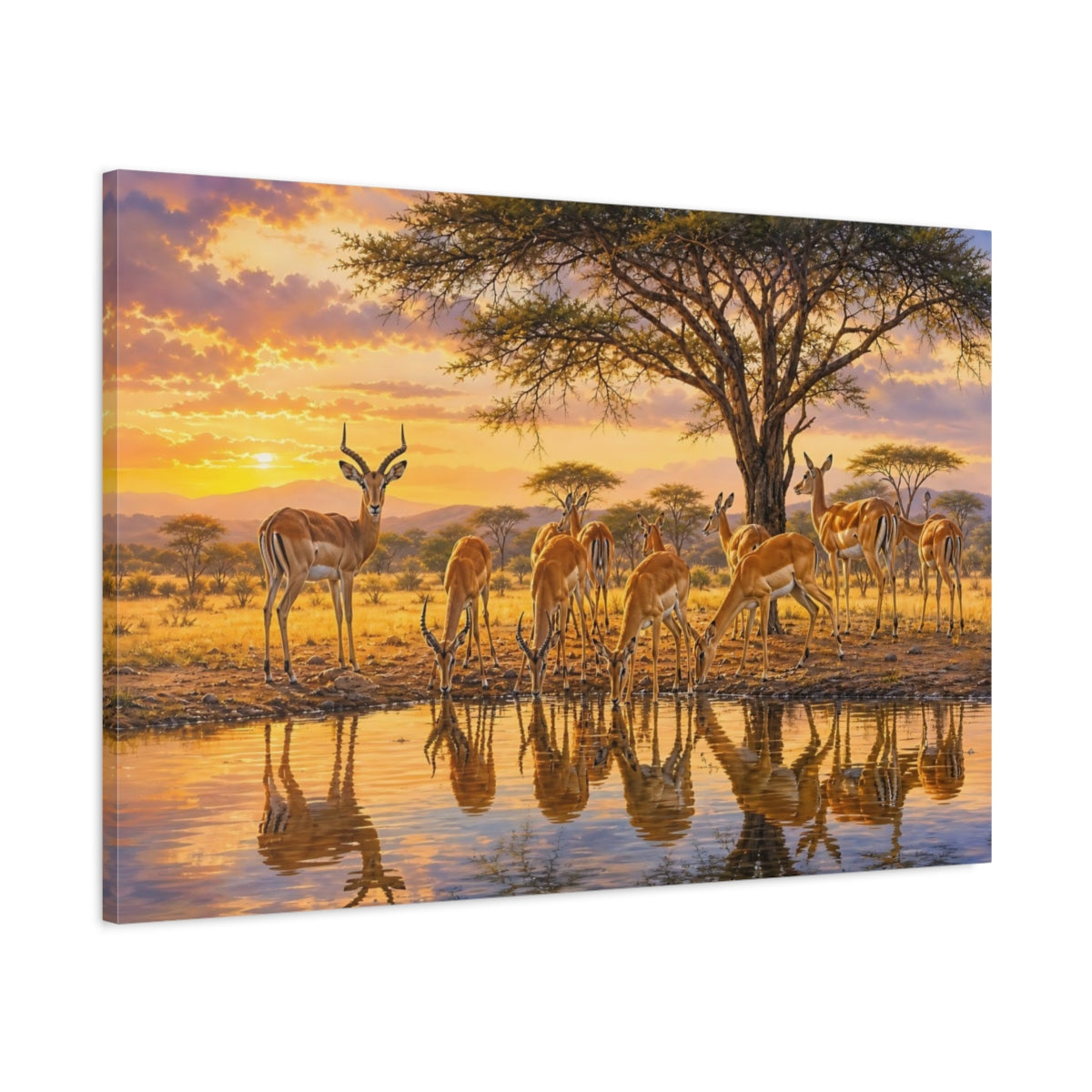 Main Mockup. Nature Impala Warm Impala Sunset shown as stretched canvas wall art