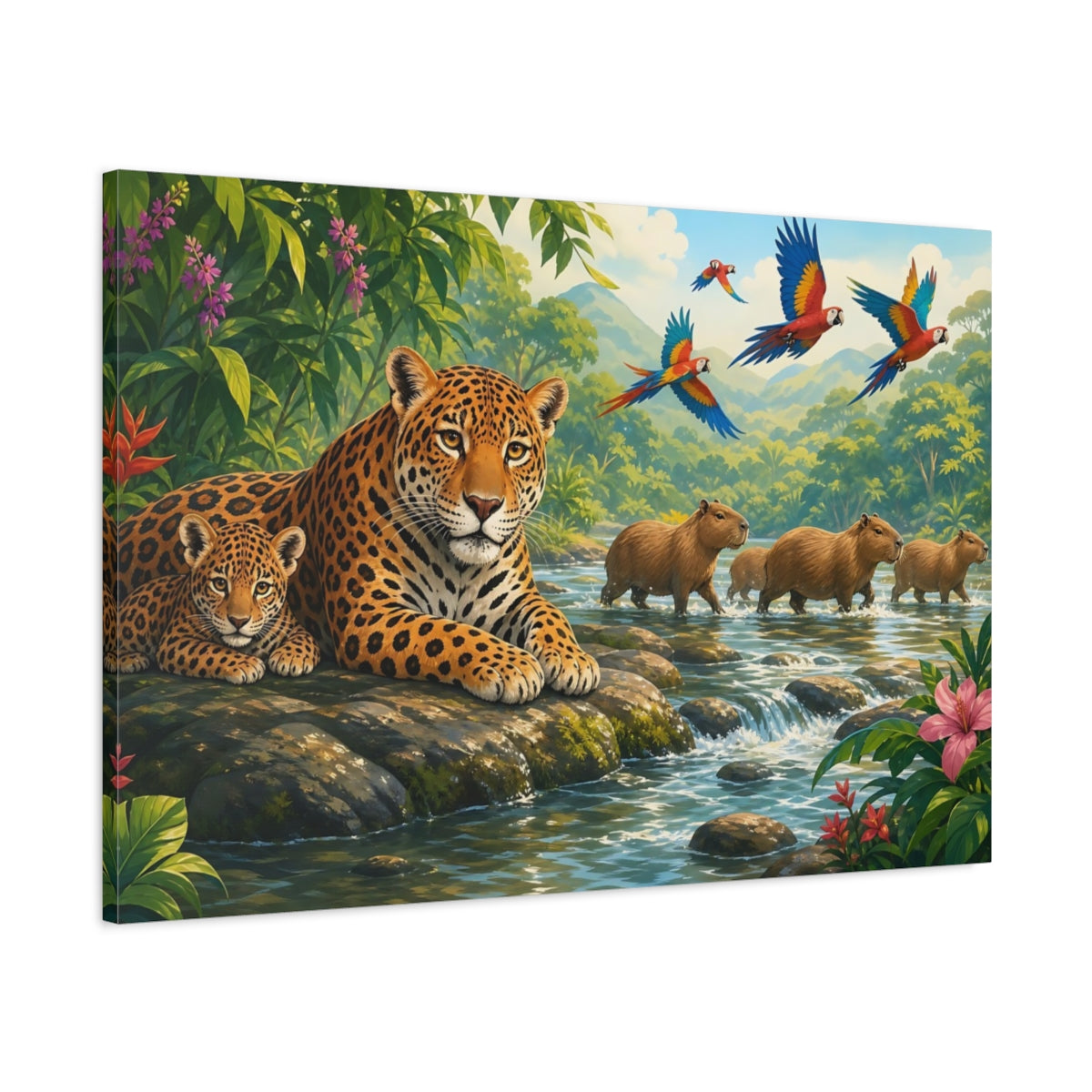 Main Mockup. Nature Jaguar And Cub Jungle Animals shown as stretched canvas wall art