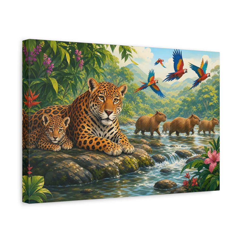 Side Mockup 4. Nature Jaguar And Cub Jungle Animals shown as stretched canvas wall art