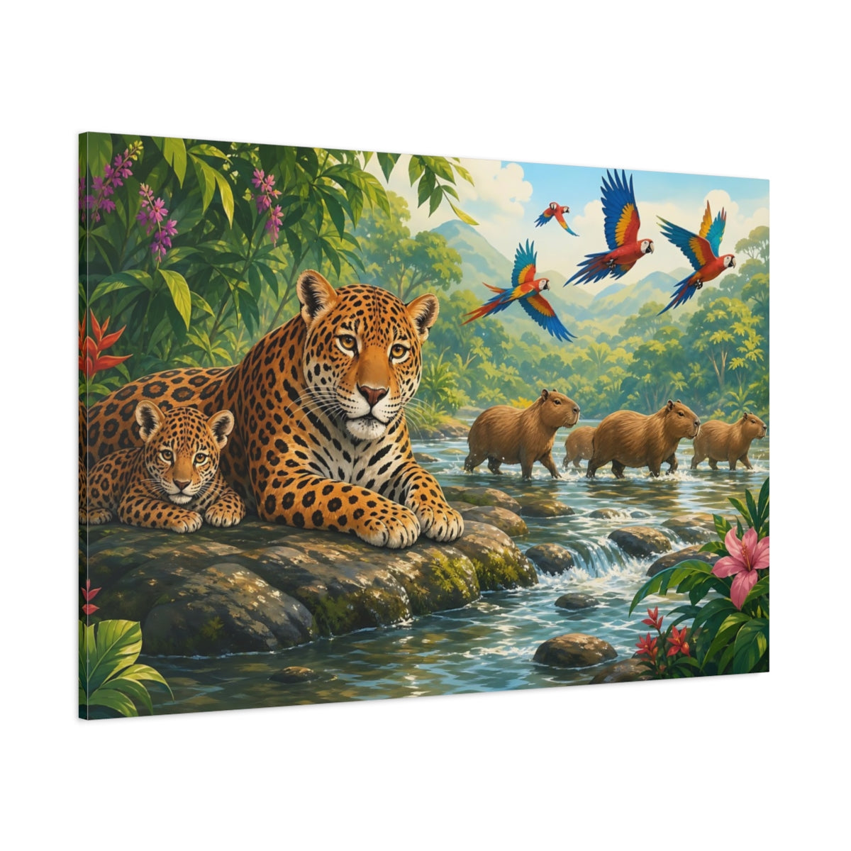 Side Mockup 1. Nature Jaguar And Cub Jungle Animals shown as stretched canvas wall art