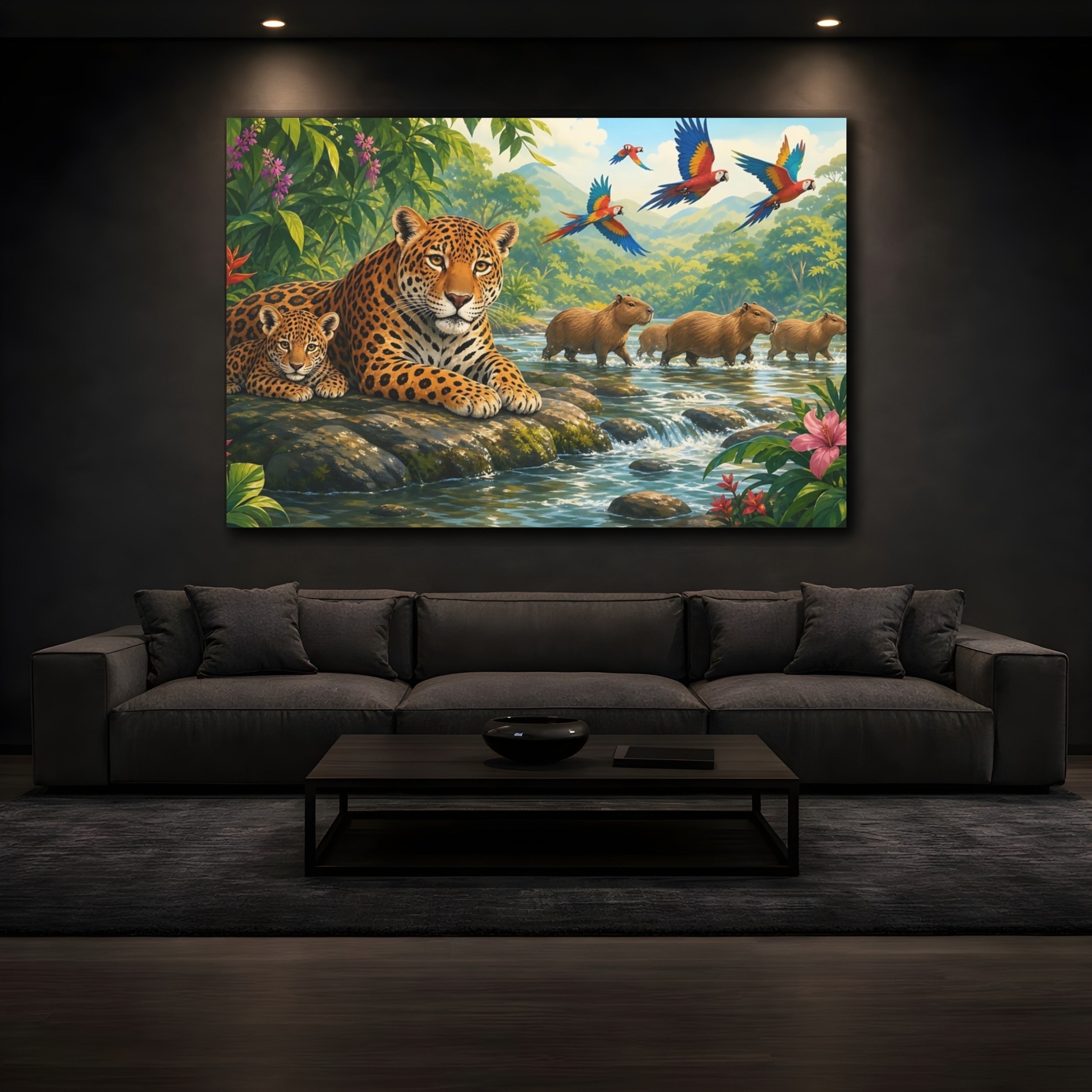 Mockup 3. Nature Jaguar And Cub Jungle Animals shown as stretched canvas wall art