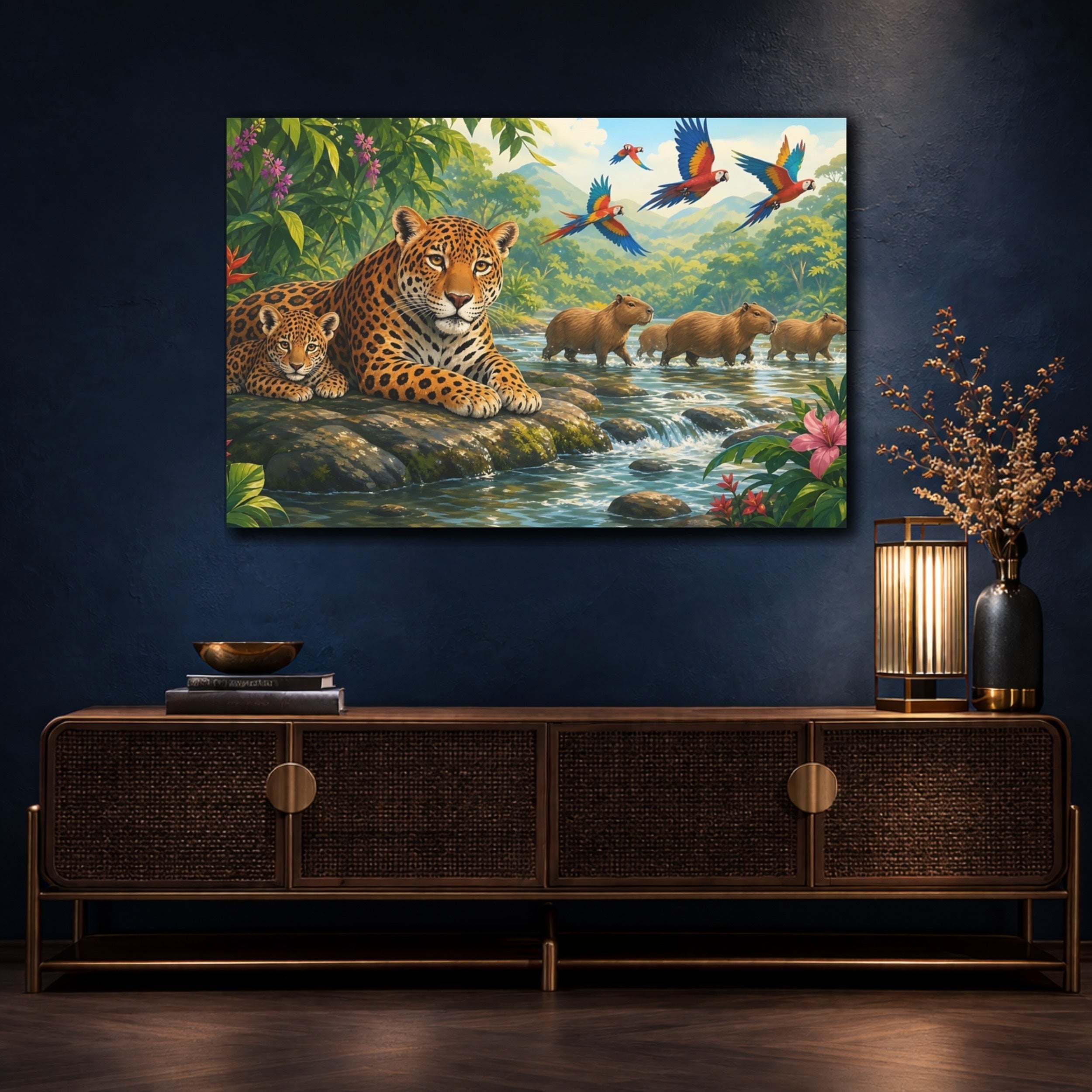 Mockup 4. Nature Jaguar And Cub Jungle Animals shown as stretched canvas wall art