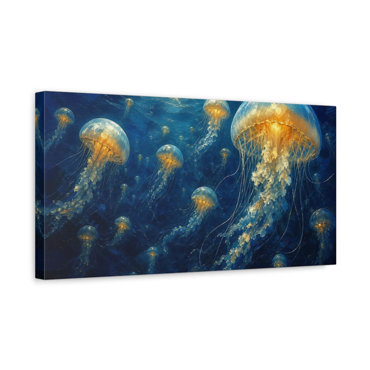 Side Mockup 3. Nature Jellyfish Blue And Gold Jellyfish shown as stretched canvas wall art