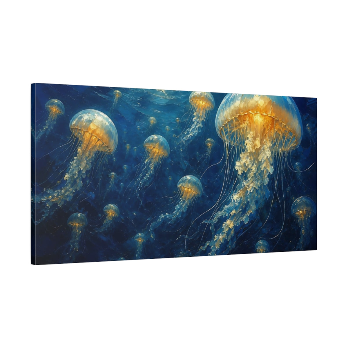 Main Mockup. Nature Jellyfish Blue And Gold Jellyfish shown as stretched canvas wall art