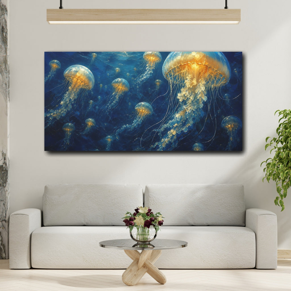 Mockup 2. Nature Jellyfish Blue And Gold Jellyfish shown as stretched canvas wall art