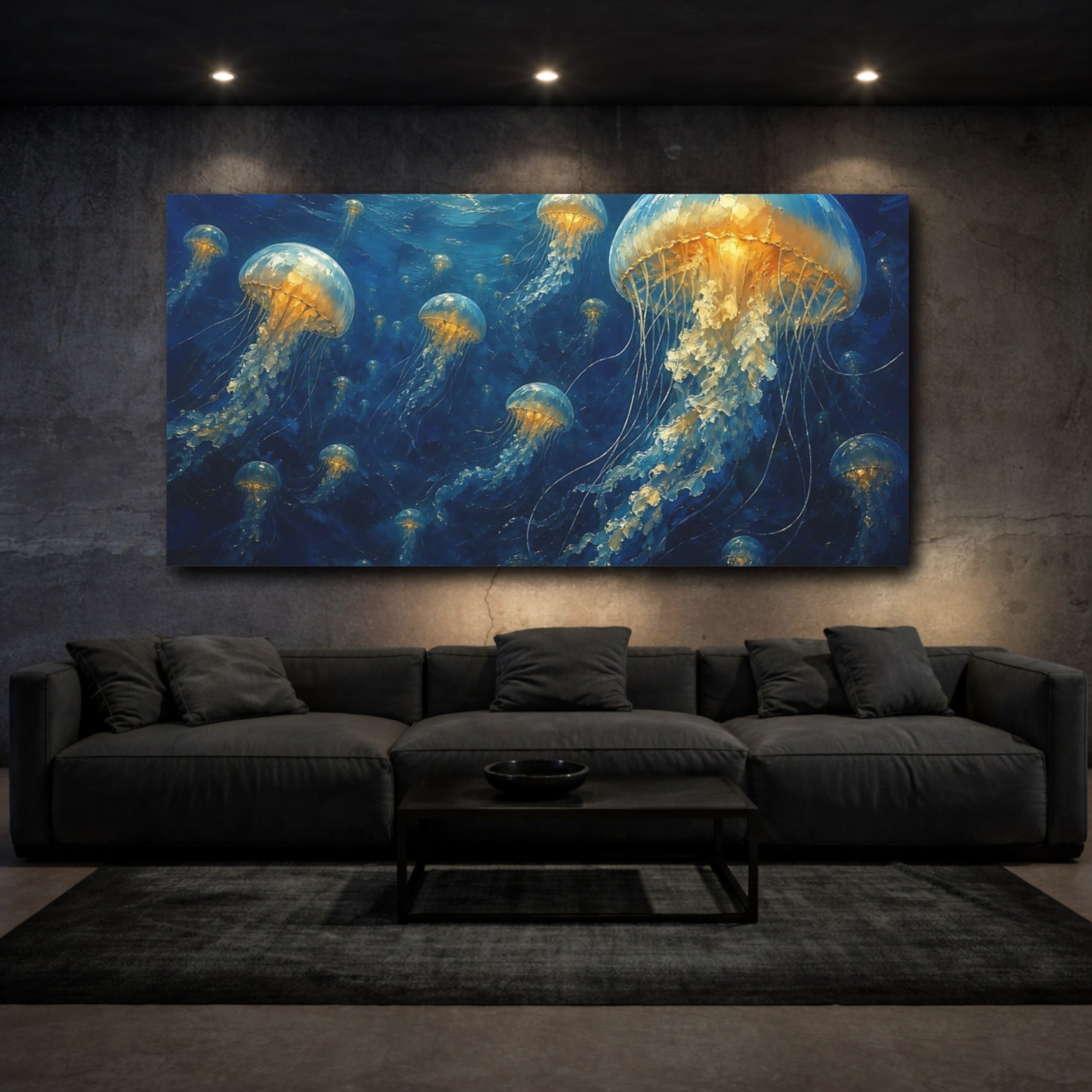 Mockup 3. Nature Jellyfish Blue And Gold Jellyfish shown as stretched canvas wall art
