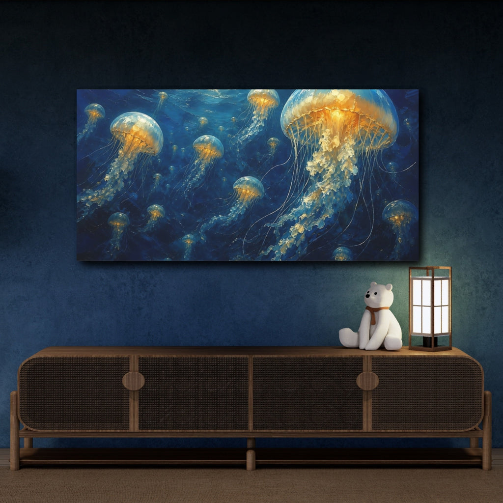 Mockup 4. Nature Jellyfish Blue And Gold Jellyfish shown as stretched canvas wall art