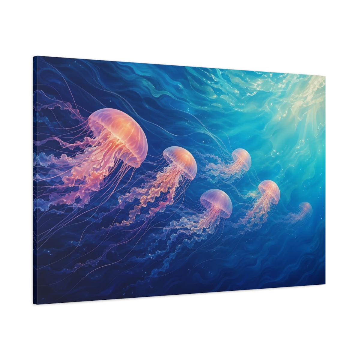 Side Mockup 1. Nature Jellyfish Blue And Pink shown as canvas print