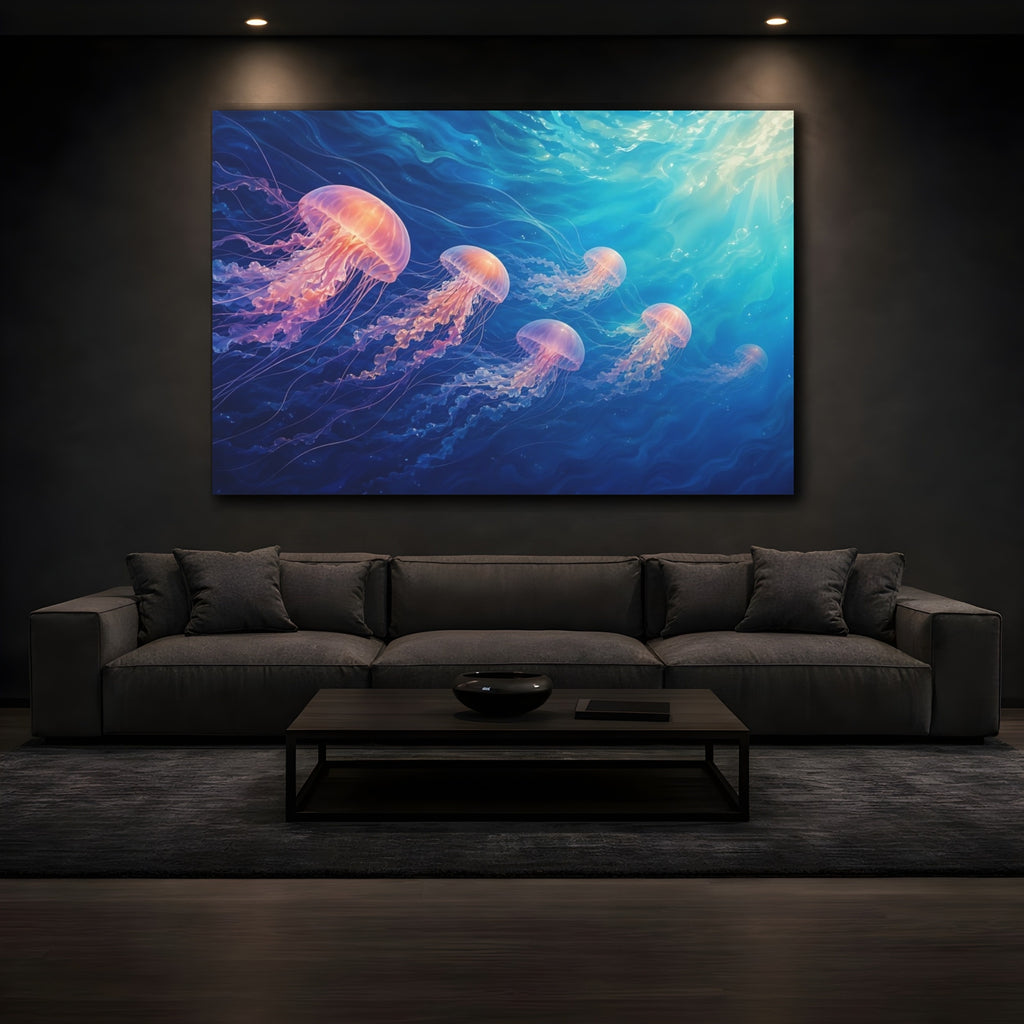 Mockup 3. Nature Jellyfish Blue And Pink shown as canvas print