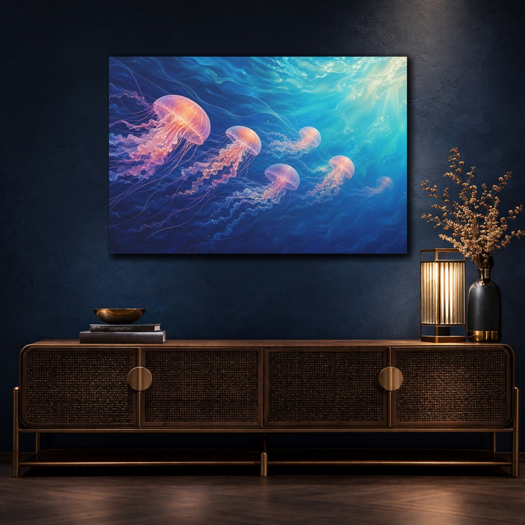 Mockup 4. Nature Jellyfish Blue And Pink shown as canvas print