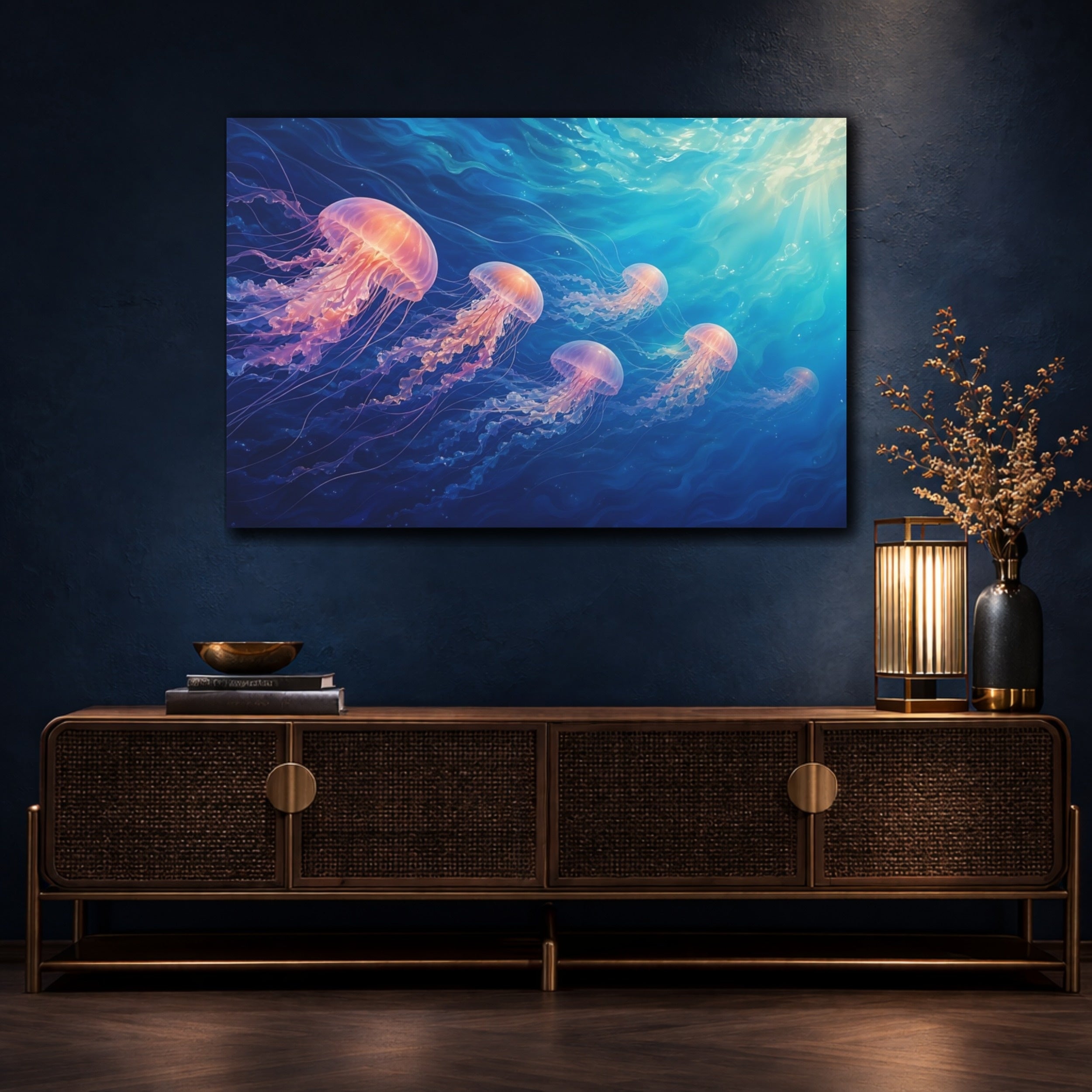 Mockup 4. Nature Jellyfish Blue And Pink shown as canvas print